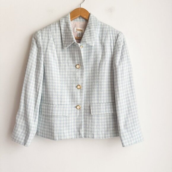 Talbots Vintage Pastel Blue White Check Plaid Print Cropped Blazer 6 - Picture 1 of 5